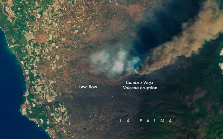 Imagens de satélite feitas pela Nasa mostram o rastro da lava do vulcão Cumbre Vieja; confira