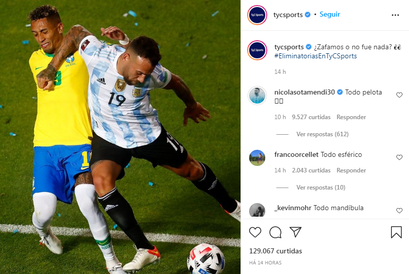 Otamendi ironiza cotovelada em Raphinha durante Argentina x Brasil: ‘Foi na bola’