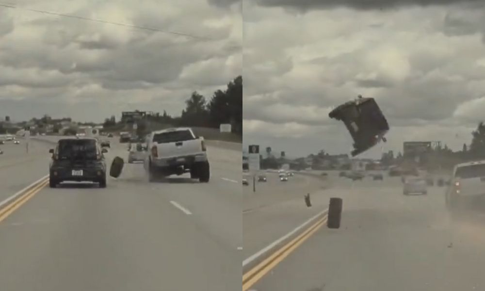 Carro ‘voa’ em rodovia de Los Angeles após ser atingido por roda de outro veículo: ‘Insano’