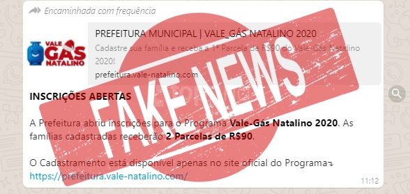 Inscrição para Vale-Gás Natalino é fake news, alerta prefeitura