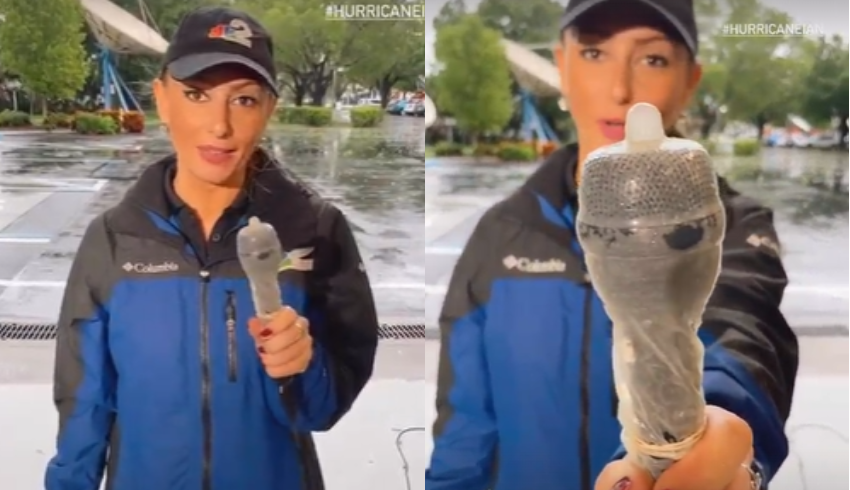 Repórter viraliza ao aparecer no ar segurando microfone com camisinha