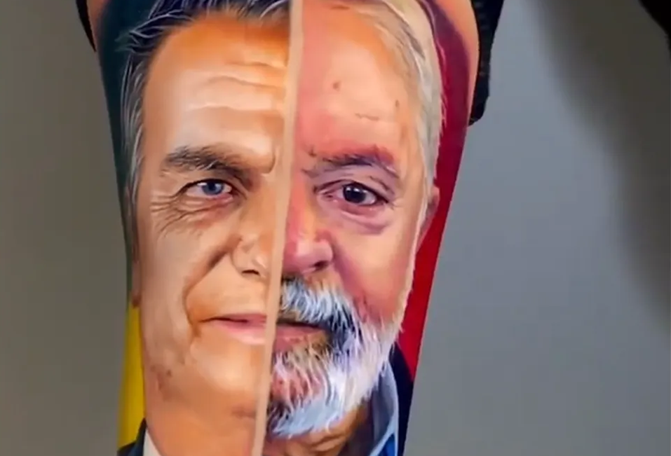 Homem faz tatuagem com rostos de Bolsonaro e Lula