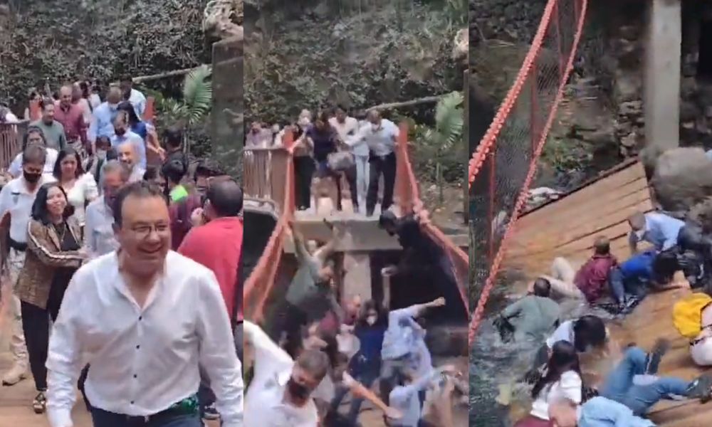 Ponte desaba no México durante inauguração e leva prefeito para dentro do córrego; veja vídeo