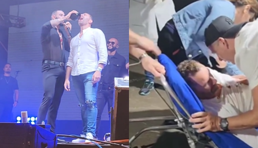 Fã de Gusttavo Lima vai parar em ambulância após cantor virar garrafa de bebida na boca dele em show
