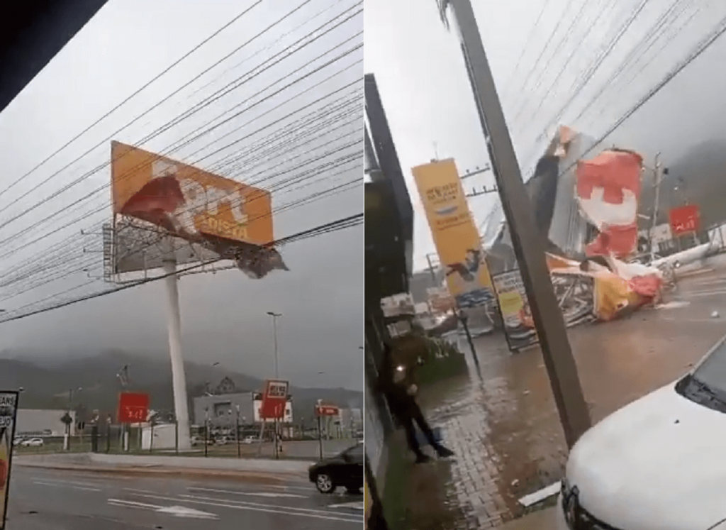 Ventos derrubam outdoor em avenida de Santa Catarina; veja vídeos