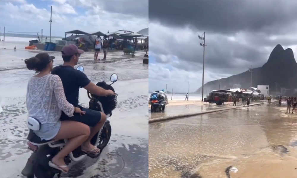 Mar agitado invade calçadão e ciclovia no Rio de Janeiro
