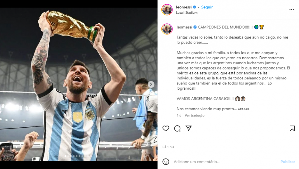 Foto de Messi com a taça da Copa é publicação mais curtida da história do Instagram