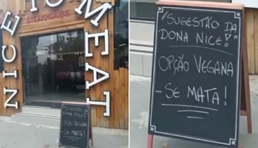 Churrascaria em Santos gera polêmica com placa: ‘Opção vegana: se mata’