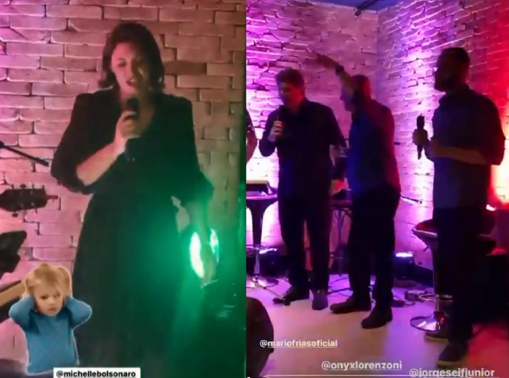 Michelle Bolsonaro canta sertanejo em karaokê na festa do secretário Mario Frias