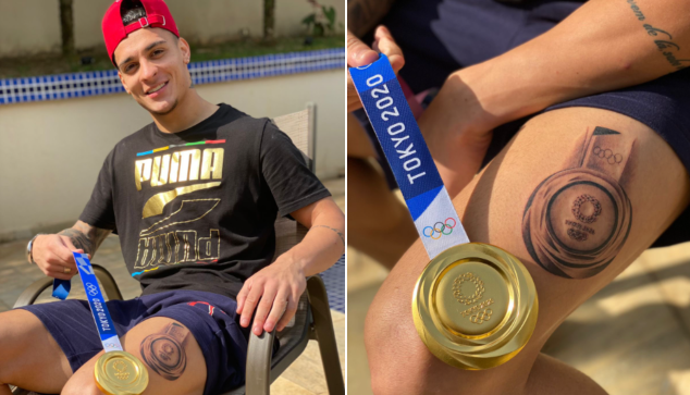 Antony faz tatuagem para comemorar medalha de ouro nas Olimpíadas de Tóquio