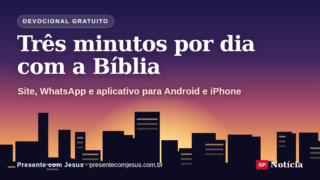 Arte com o título "Três minutos por dia com a Bíblia" sobre o amanhecer no horizonte de prédios de São Paulo.